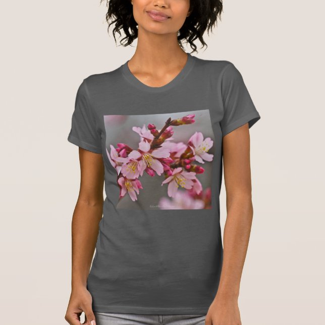 Camiseta Rosa Contra Uma Cinza Céu Japonês Blossomas De Cer (Frente)