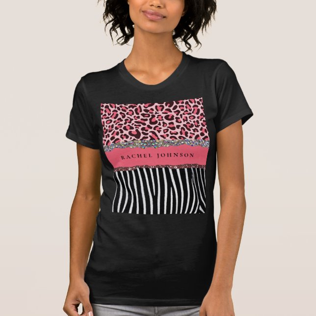 Camiseta Rosa Corado Menina Brilho Estampa de Leopardo Alto (Frente)