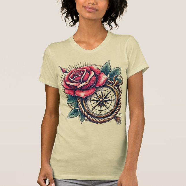 Camiseta Rosa de estilo de tatuagem e Design de T-Shirt Com (Frente)