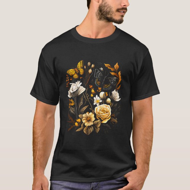 Camiseta Rosa de Flores Design de Borboleta de Outono (Frente)