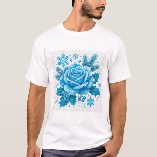 Camiseta Rosa de Inverno Azul Gélido Arte Floral de Natal