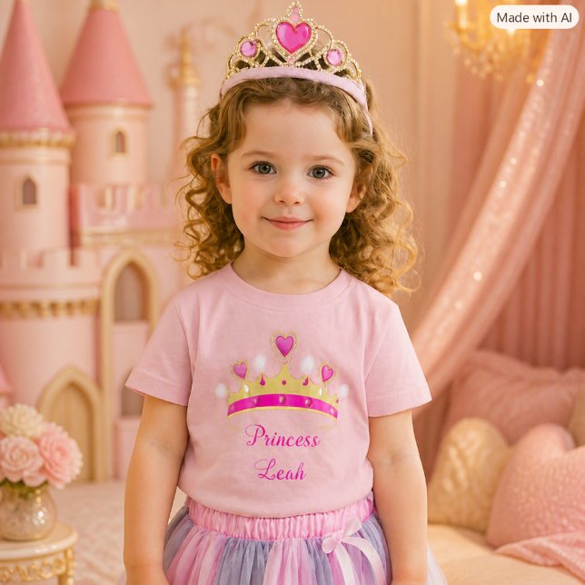 Camiseta Rosa de Princesa para Bebê Menina (a joyful 4-year-old girl wearing the “Princess Leah” T-shirt, a sparkly princess skirt, & tiara)