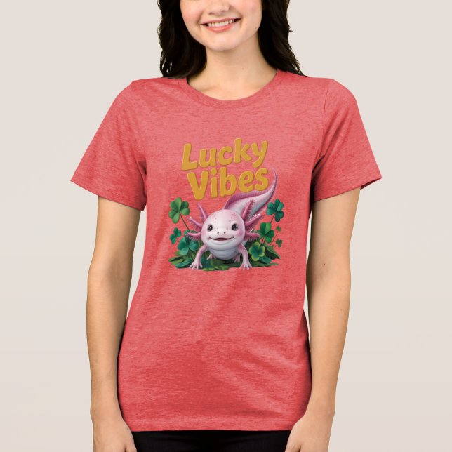 Camiseta Rosa Fofa com Design de Axolote Vibrações (Frente)