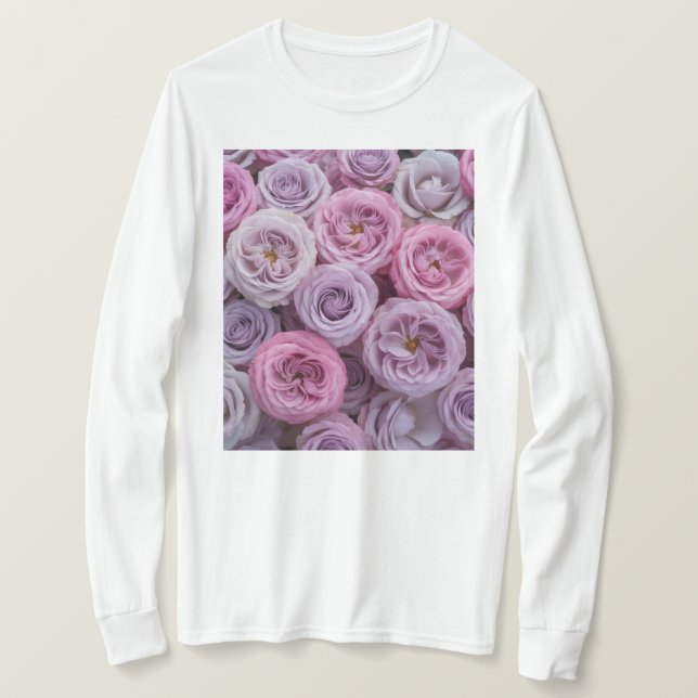 Camiseta Rosa Lavanda Rosas Brancas (Frente do Design)