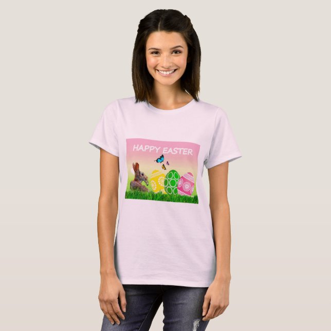 Camiseta Rosa Pálido Feliz Páscoa (Frente Completa)