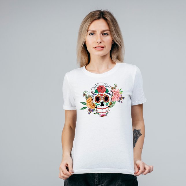 Camiseta Rosa Rosa Cor-de-Rosa Floral Crânio (Criador carregado)