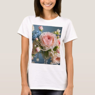 Camiseta Rosa rosa delicada com pérolas no vaso