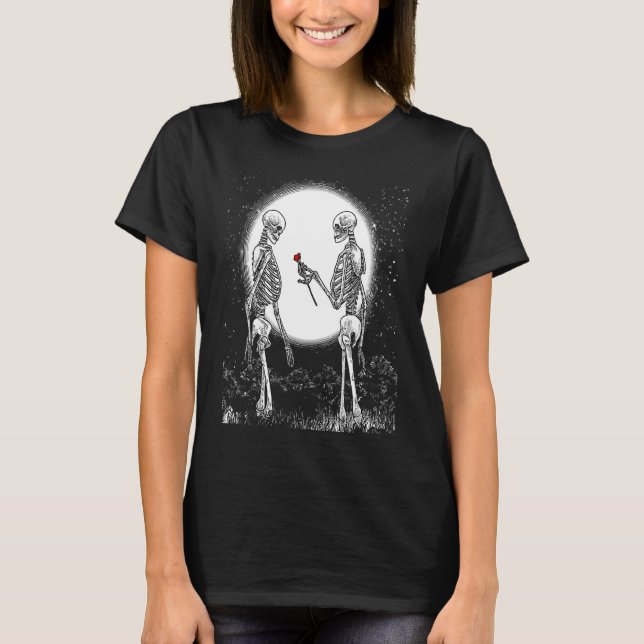 Camiseta Rosa Skeleton Skeleton Rosa vermelha Flor (Frente)