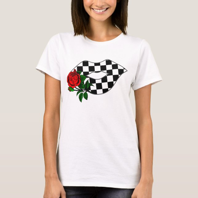 Camiseta Rosa vermelha Checkered do beijo dos lábios (Frente)
