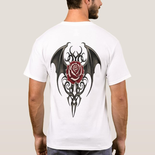 Camiseta Rosa Vermelha com Asas Tribais (Verso)