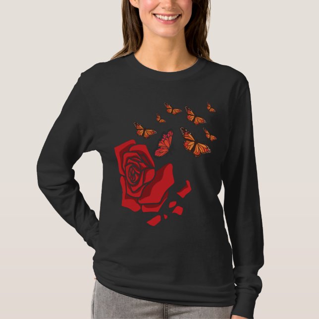 Camiseta Rosa vermelha Com Flores De Jardineiro De Borbolet (Frente)