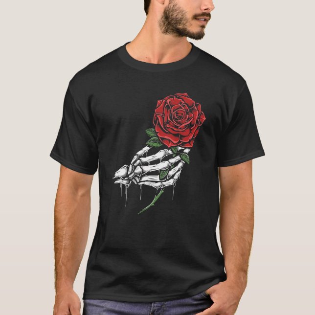 Camiseta Rosa vermelha de retenção da mão do esqueleto (Frente)