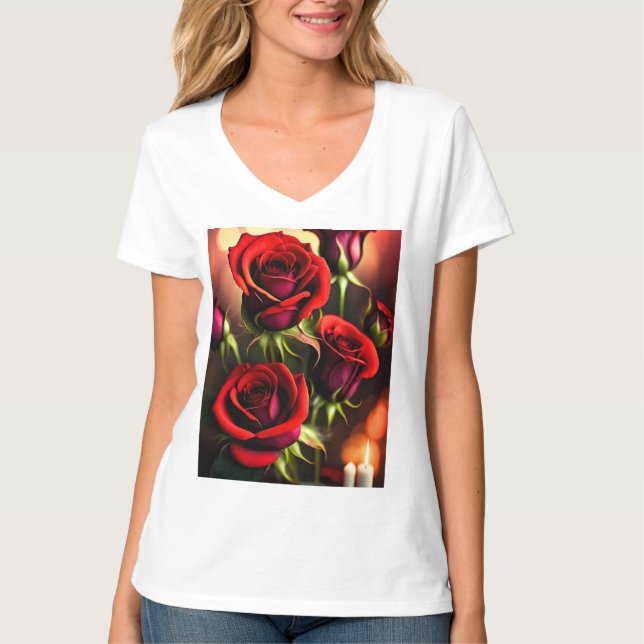 Camiseta Rosa vermelha digital das flores da Trabalho de ar (Frente)