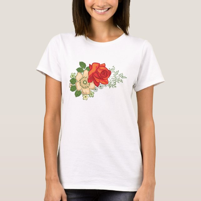 Camiseta Rosa vermelha e margaridas (Frente)