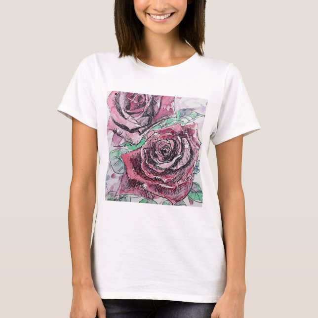 Camiseta Rosa vermelha Flores de Aquarela Pintura Floral (Frente)