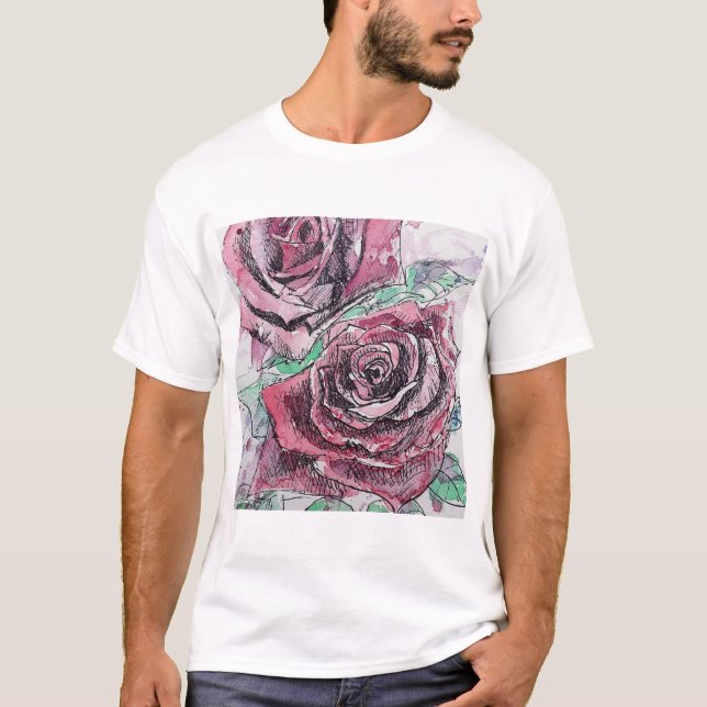 Camiseta Rosa vermelha Flores de Aquarela Pintura Floral (Frente)