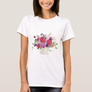 Camiseta rosa vermelha pintada à mão, buquê de hydrangea