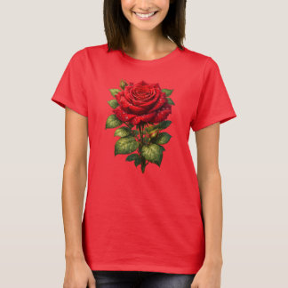 Camiseta Rosa Vermelha Realista com Gotículas de Orvalho