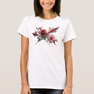 CAMISETA ROSA VERMELHA ROSA E FLORES ROSAS EM FUNDO PRETO