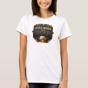 Camiseta Rosa Vibrante TRABALHAREI POR CERVEJA Arte Vestíve
