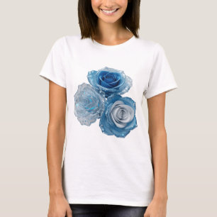 Camiseta Rosas Azuis Prata Cintilante Impressão