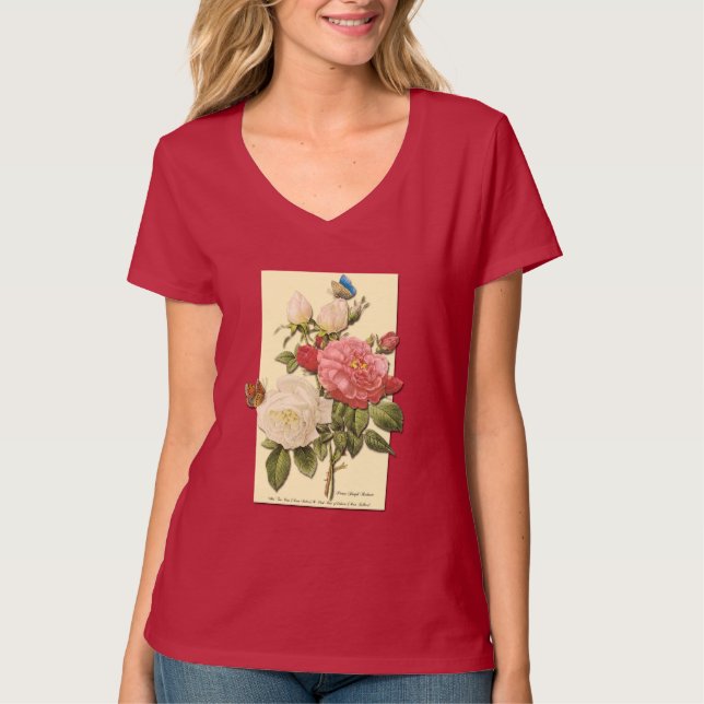 Camiseta Rosas botânicos cor-de-rosa-branca (Frente)