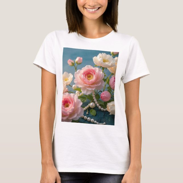Camiseta Rosas claro esmagadoras com pérolas (Frente)