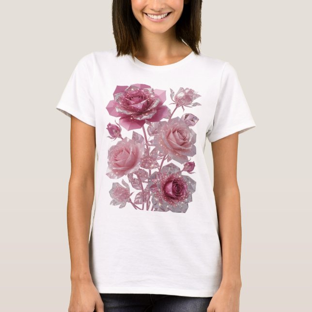 Camiseta Rosas Cor-de-Rosa Prateadas Modernas Com Diamantes (Frente)