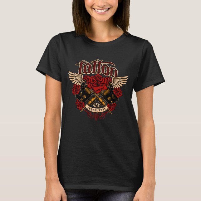 Camiseta Rosas da antiga tatuagem na escola, subcultura, Kn (Frente)