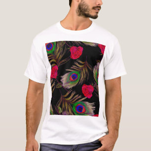 Camiseta Rosas de aquarelas, penas de pavão, decoração.