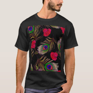 Camiseta Rosas de aquarelas, penas de pavão, decoração.