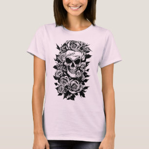 Camiseta Rosas de Caveira Humana Goth Desenho a tinta origi