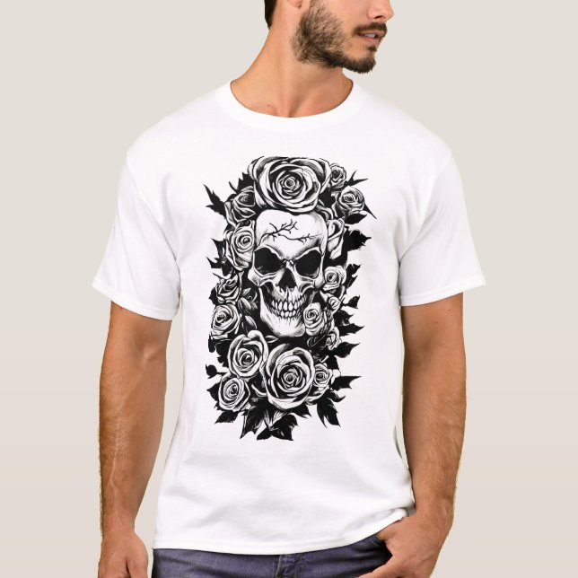 Camiseta Rosas de crânio humano Gótico de tinta original (Frente)