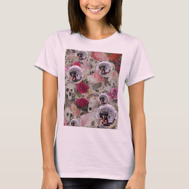 Camiseta Rosas de crânios e Bolas de Disco Rosa (Frente)