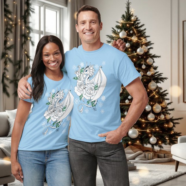 Camiseta Rosas de Dragões Brancos Flocos de Neve Azul (Criador carregado)