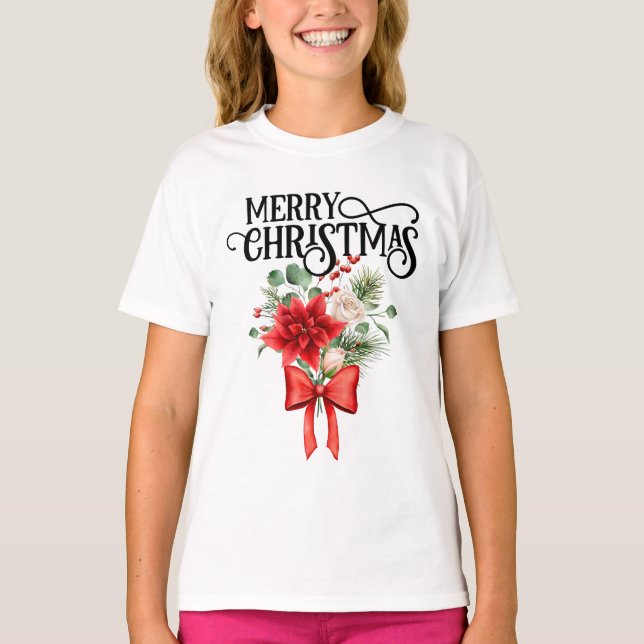 Camiseta Rosas de Poinsettia Buquê de Flor de Natal (Frente)