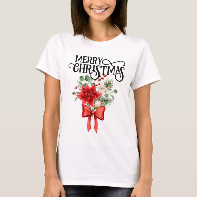 Camiseta Rosas de Poinsettia Buquê de Flor de Natal (Frente)