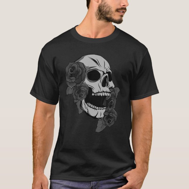 Camiseta Rosas do crânio negro  anestésico escuro Viking má (Frente)