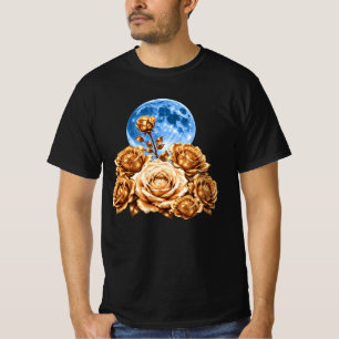 Camiseta Rosas Douradas & Lua Cheia Azul Estética Celestial
