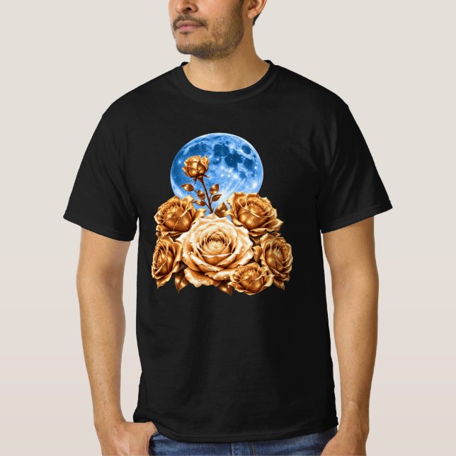 Camiseta Rosas Douradas & Lua Cheia Azul Estética Celestial (Frente)