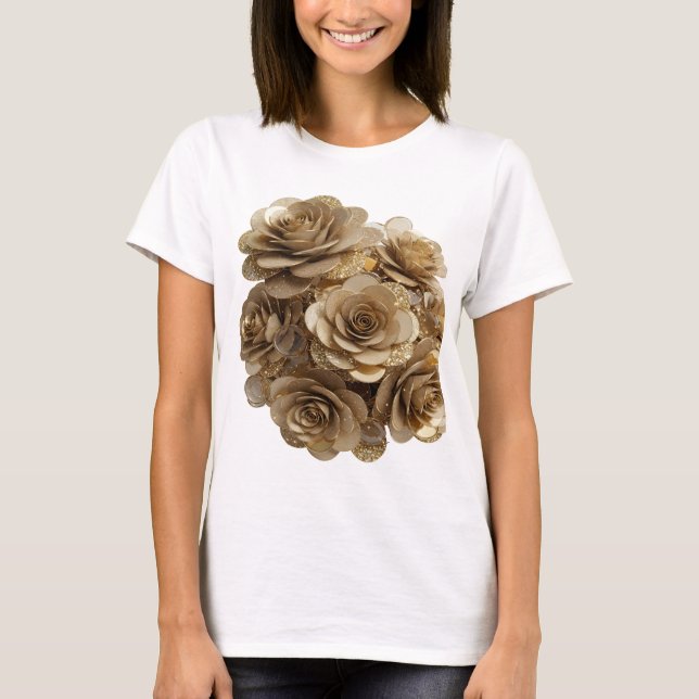 Camiseta Rosas Douradas Prateadas Espirituosas Design em Ne (Frente)