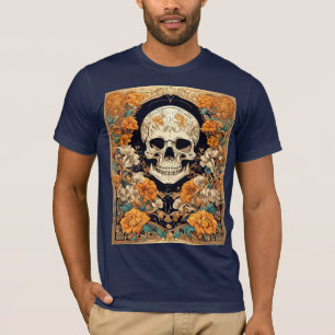 Camiseta Rosas Laranjas em Torno de uma Caveira Art Nouveau