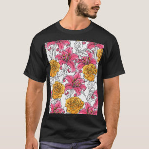 Camiseta Rosas Lírios Padrão Desenho Da Mão