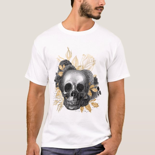 Camiseta Rosas Negras de crânio gótico com folhas de ouro (Frente)
