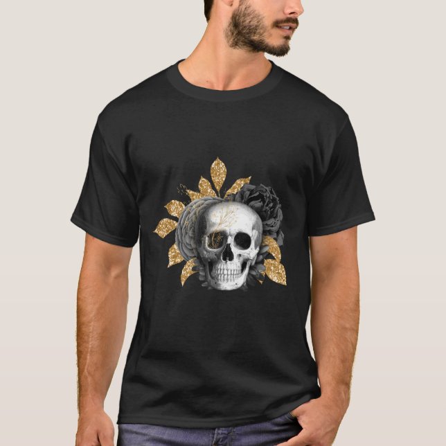 Camiseta Rosas pretas e crânio em T-Shirt gótico preto (Frente)