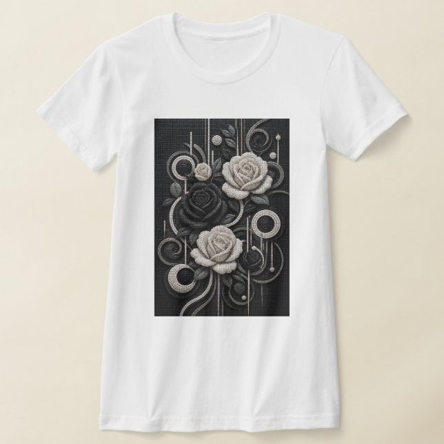 Camiseta Rosas Preto e Branco em Micro Mosaico 3D  (Postura )