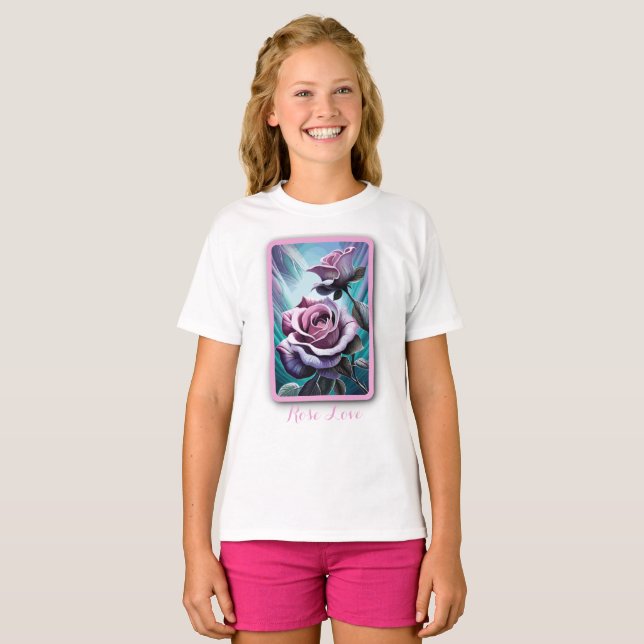 Camiseta Rosas radiantes: Pétalas Perfeitamente Rosa e Púrp (Frente Completa)