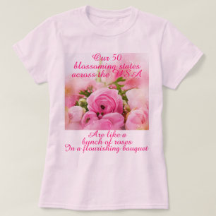 Camiseta Rosas Românticos EUA 50 Estados Mulheres Rosa Patr