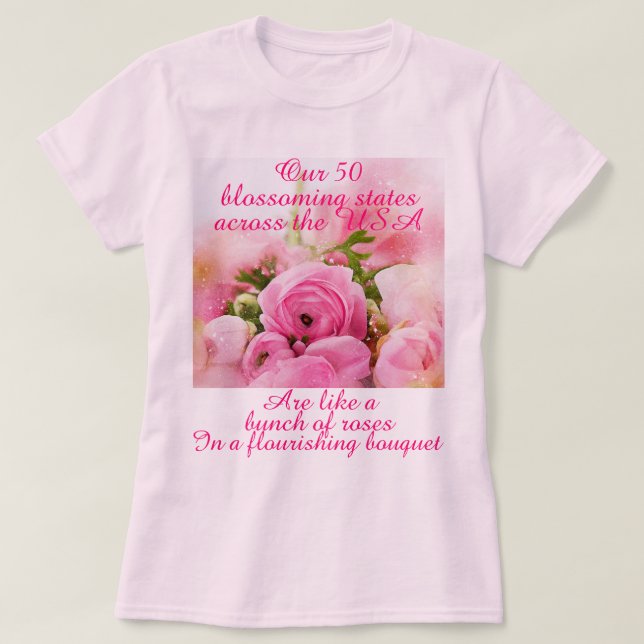 Camiseta Rosas Românticos EUA 50 Estados Mulheres Rosa Patr (Frente do Design)