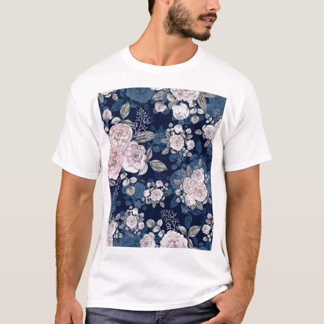 Camiseta Rosas Rosa Azul Escuro: Vintage (Frente)